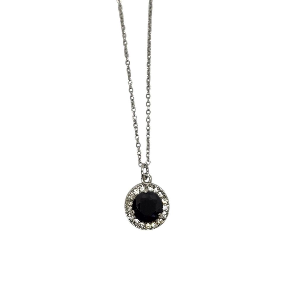 New York & Co Black Rhinestone Halo Pendant Necklace Silver Tone Chain 16"-19"